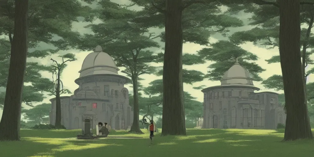 Image similar to A mysterious and godly domed reactor building in a city park, dieselpunk, by Studio Ghibli and Edward Hopper