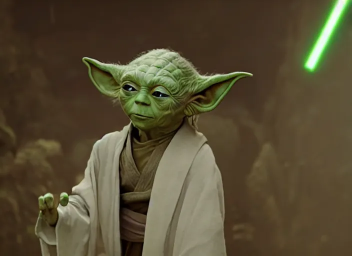 Image similar to film still of millie bobby brown as yoda in star wars movie, green skintone, pointy ears, wearing long white robe in a sith temple, deep focus, glamour pose, dramatic lighting, octane, mist, steve mccurry, volumetric lighting, 8 k