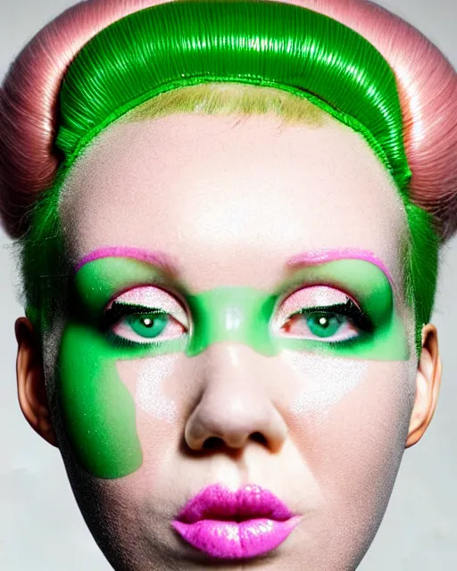 Image similar to symmetrical close - up portrait of a woman wearing a emerald green silicone beauty mask and pink hair buns, wearing a black bodysuit by alexander mcqueen, cream white background, biotechnology, bjork aesthetic, translucent, by rineke dijkstra, masterpiece,