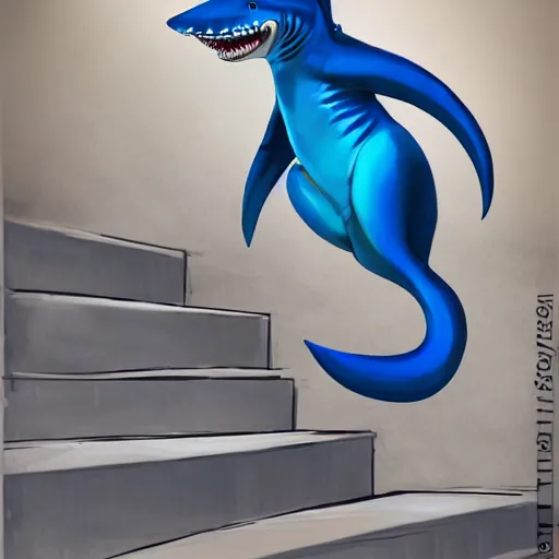 Prompt: female anthropomorphic shark fursona, athletic, sitting on concrete stairs, wearing a tank top and cargo pants, looking forward, realistic painting, furry art, trending on art station, pointing forward