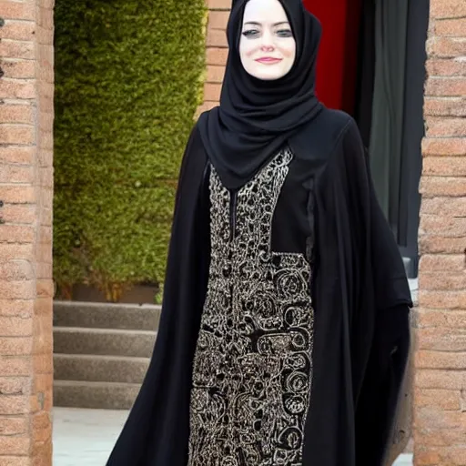 Prompt: A full body portrait of Emma Stone wearing a Black Arabian abaya , high quality, fully detailed, 4k