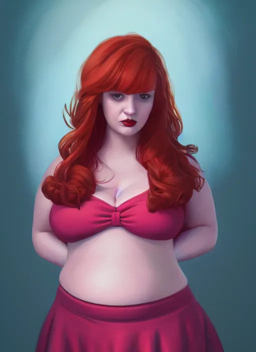 Image similar to full body portrait of teenage cheryl blossom, obese, bangs, sultry, realistic, red hair, sultry smirk, wavy hair, pink skirt, fat, belly, intricate, elegant, glowing lights, highly detailed, digital painting, artstation, concept art, smooth, sharp focus, illustration, art by wlop, mars ravelo and greg rutkowski