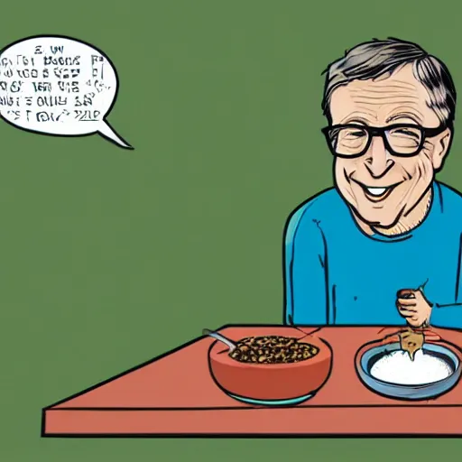 Prompt: New Yorker cartoon of Bill Gates eating a bowl of crickets