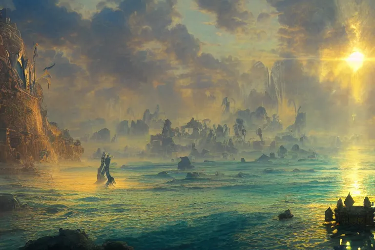 Image similar to a scenic landscaping view of the lost city of Atlantic city under water, ray of sunlight, mermaids in distance, Greg Rutkowski, Moebius, Mohrbacher, Mucha, blue and gold color scheme