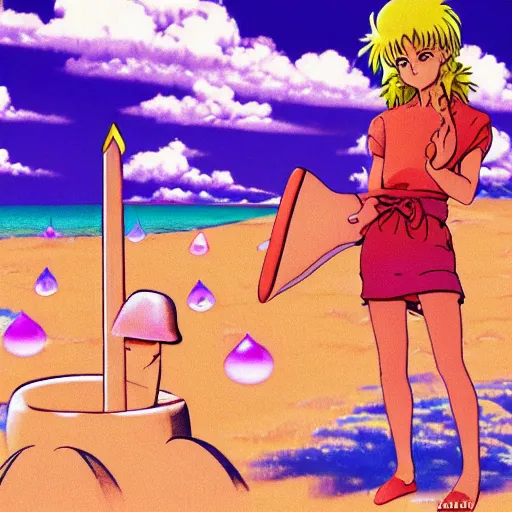 Image similar to girl making a sand castle on the beach, sprite, vaporwave nostalgia, visual novel cg, 8 0 s anime vibe, kimagure orange road, yu - no, initial d, sketch by by osamu tezuka, directed by beat takeshi, wallpaper, ultra hd, vlc screenshot