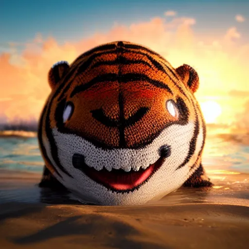 Image similar to a closeup photorealistic photograph of a cute smiling knitted tiger hippopotamus chasing a beachball at sunset. surf in the background. professional capture. this 4 k hd image is trending on artstation, featured on behance, well - rendered, extra crisp, features intricate detail, epic composition and the style of unreal engine.