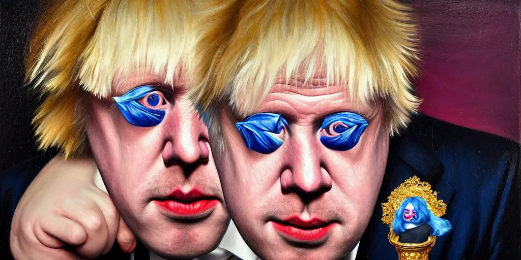 Image similar to boris johnson in drag in a nightclub, abstract oil painting by gottfried helnwein pablo amaringo raqib shaw zeiss lens sharp focus high contrast chiaroscuro gold complex intricate bejeweled