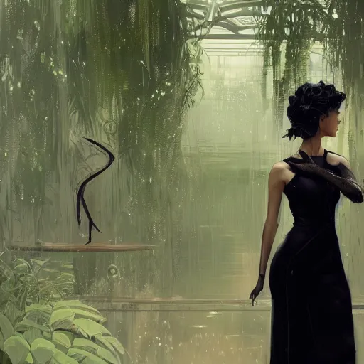 Image similar to portrait of a woman in a black dress standing in an elegant greenhouse garden, dramatic lighting, illustration by greg rutkowski, yoji shinkawa, 4 k, digital art, concept art, trending on artstation