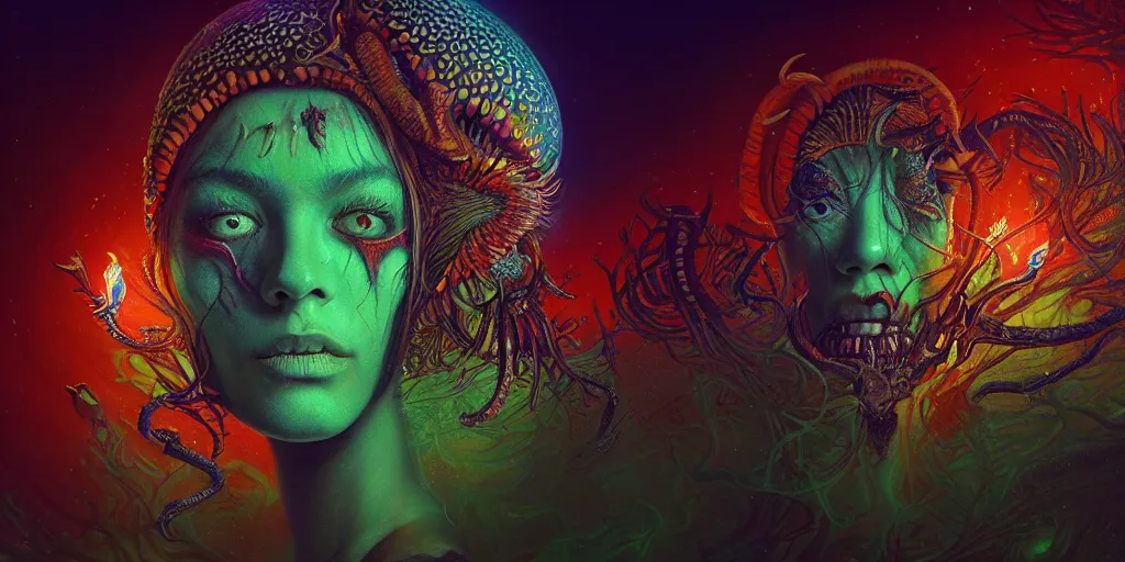 Image similar to psychedelic shaman close-up portrait. amanita muscaria phoenix head, nautilus, insect, skull, ice and fire, bioluminiscent creatures, intricate artwork by Tooth Wu and wlop and beeple. octane render, trending on artstation, greg rutkowski very coherent symmetrical artwork. cinematic, hyper realism, high detail, octane render, 8k