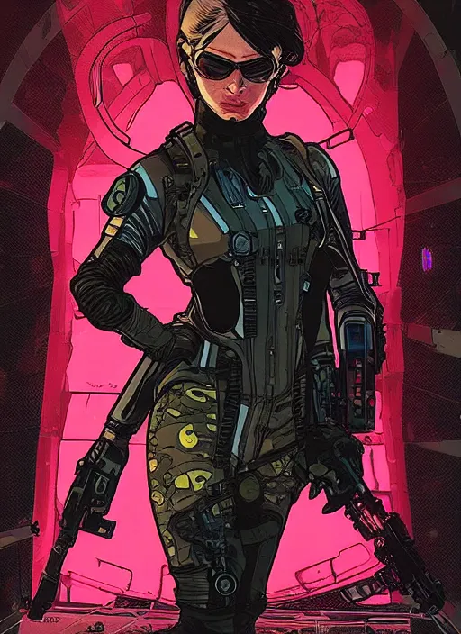Prompt: cyberpunk spy babe. night vision. portrait by ashley wood and alphonse mucha and laurie greasley and josan gonzalez and james gurney. spliner cell, apex legends, rb 6 s, hl 2, d & d, cyberpunk 2 0 7 7. realistic face. dystopian setting.