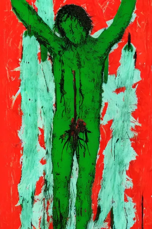 Image similar to green background with bloody christ crucified painted by cy twombly and andy warhol