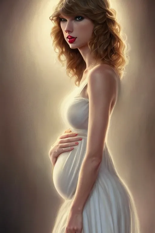 Image similar to pregnant taylor swift in a white dress, realistic portrait, symmetrical, highly detailed, digital painting, artstation, concept art, smooth, sharp focus, illustration, cinematic lighting, art by artgerm and greg rutkowski and alphonse mucha
