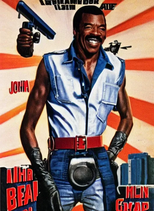 Image similar to an 8 0's john alvin action movie poster starring eddie murphy face as a plumber to rich people. bathroom. overalls. tool belt. the movie is called beverly hills crap