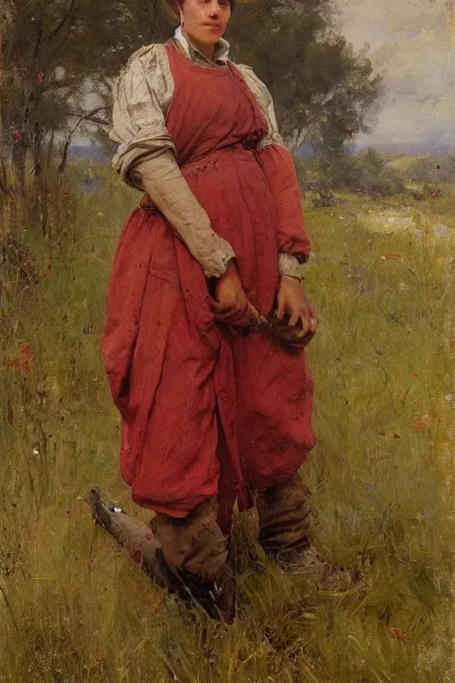 Image similar to Solomon Joseph Solomon and Richard Schmid and Jeremy Lipking victorian genre painting full length portrait painting of a young peasant working in the field, red background