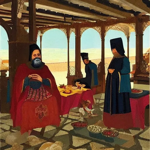Image similar to ' a medieval turkish nobleman takes breakfast at his coastal manor with his family '. painting by angus mcbride, art with high fidelity realistic textures and figures.