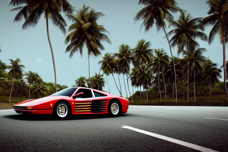 Prompt: award winning photograph of a red ferrari testarossa racing on a road near a white sand beach with palm trees. octane render