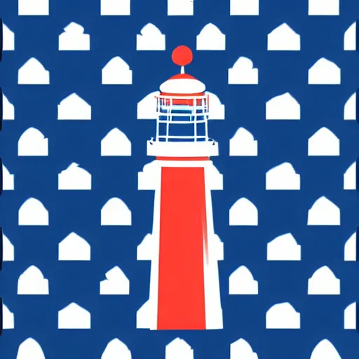 Prompt: a flag with vector pictogram of a lighthouse that is made of white stone on a small coral island surrounded by ocean, use only blue red and white colorsm flat graphic design