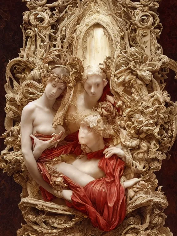 Image similar to a beautiful render of baroque catholic veiled sculpture, the red queen and the white queen pieta, with symmetry intricate detailed,by Lawrence Alma-Tadema, peter gric,aaron horkey,Billelis,trending on pinterest,hyperreal,jewelry,gold,intricate,maximalist,glittering,golden ratio,cinematic lighting