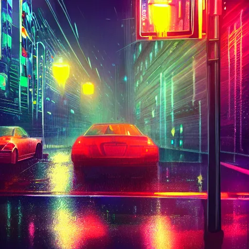 Prompt: rainy night city street, headlights, street lights, neon, reflections, cyberpunk vibe, procreate digital painting, cgisociety