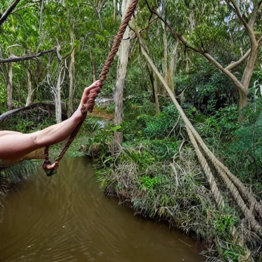 Prompt: rope swing across gully in Australian native bushland