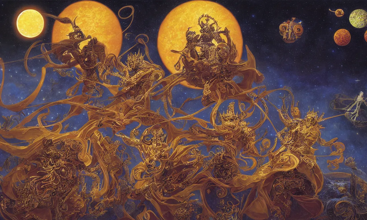 Image similar to sun king and moon prince in the cosmic court of mystical astronomy, art by james c. christensen and gerald brom