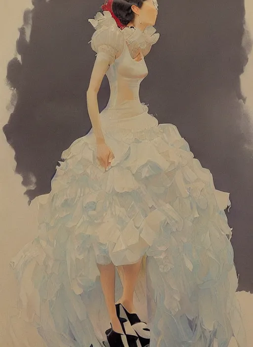 Prompt: a low angle copic maker art nouveau portrait of a japanese futuristic skinny russian beautiful girl detailed features wearing a latex wedding dress with a puffy skirt designed by balenciaga by john berkey, norman rockwell akihiko yoshida