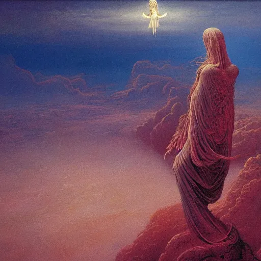 Image similar to a oil painting of a bibical angel over a fantasy valley, 4 k, high detail, by beksinski