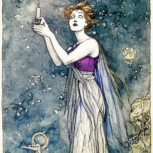 Image similar to A art installation. A rip in spacetime. Did this device in her hand open a portal to another dimension or reality?! blue-violet by Arthur Rackham mournful, spirited