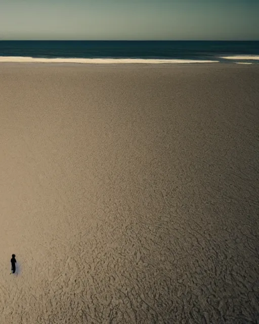 Image similar to a woman standing on a beach, made of intricate decorative lace leaf skeleton, shot from a drone, in the style of the dutch masters and gregory crewdson, dark and moody