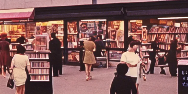 Prompt: photorealistic documentary style cinematography from a 1 9 6 9 national film board of canada film about beautiful ultra photorealistic and detailed toronto women shopping for records in a photorealistic record store shot on eastman 7 2 5 4 1 6 mm film with a cooke panchro 6 5 mm macro lens at magic hour