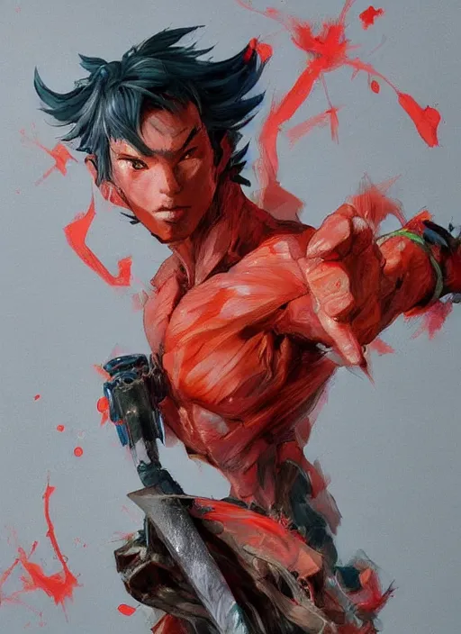 Image similar to semi reallistic gouache gesture painting, by yoshitaka amano, by ruan jia, by conrad roset, by dofus online artists, detailed anime 3 d render of an alien monstrous using a katana to cut a watermelon, portrait, cgsociety, artstation, rococo mechanical, digital reality, sf 5 ink style, dieselpunk atmosphere, gesture drawn