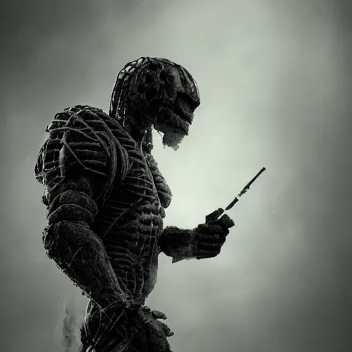 Image similar to black and white photo, rock golem as a soldier smoking a cigarette, still from the movie predator, still from the movie starship troopers, fog, dramatic lighting, cinematic, 4 k, full body shot, spotlight from above, rim lighting, full body photograph, sharp, cyberpunk, bladerunner, extreme detail, light rain, trending on artstation, spot light