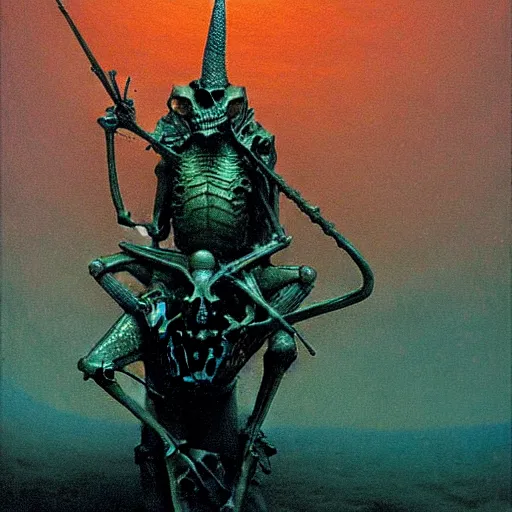 Prompt: frog horseman riding a glowing baroque unicorn skeleton in a thick fog, painting in style of beksinski, part of greg hildebrandt, part of cy twombly, eerie, mystical, sublime