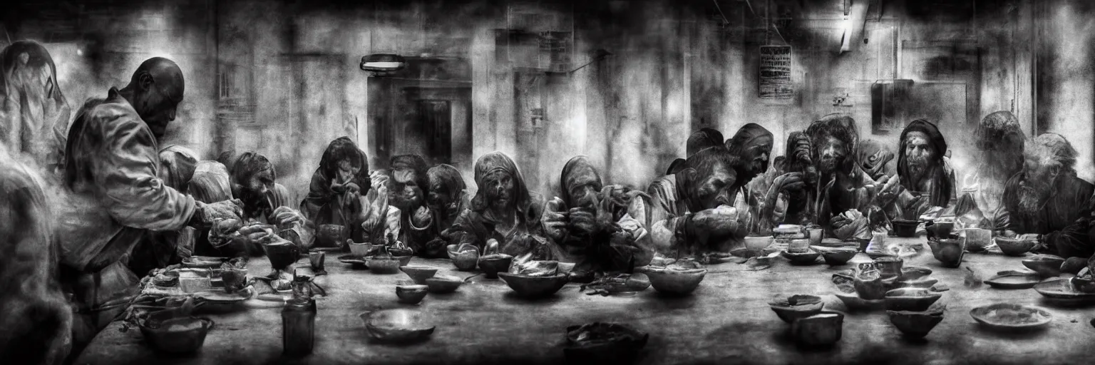 Image similar to Award Winning Editorial wide-angle picture of a Tramps in a new York Soup Kitchen by David Bailey and Lee Jeffries, called 'The Last Supper', 85mm ND 5, perfect lighting, gelatin silver process