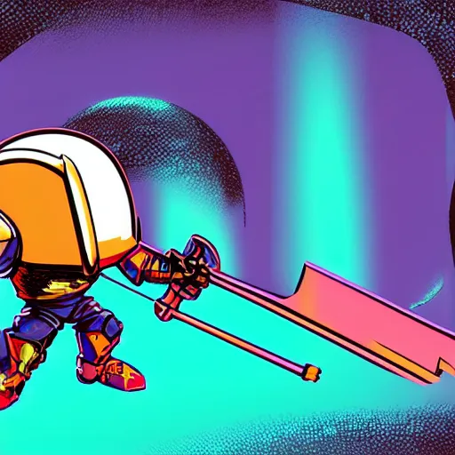 Image similar to shovel knight as daft punk, Aaron Campbell behance, synthwave background,4k, colorful, digital art