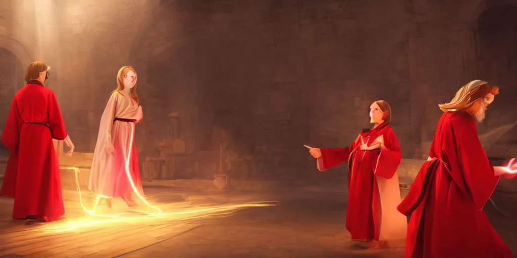 Prompt: two young mages in red and white robes, they are in a alchemy workshop working on a new spell that is casting out flowing energy. colorful, light rays, medium shot, waist up, sharp, bloom, dramatic lighting, cinematic, by dreamworks