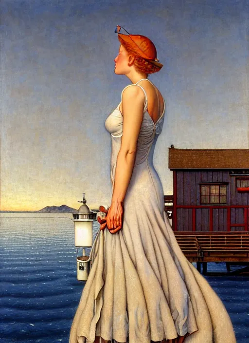 Image similar to a fancy beautiful young lady standing on a wharf at the edge of the sea by rob gonsalves and brom and gil elvgren and george petty and jean delville and william blake and norman rockwell, crisp details, hyperrealism, high detail, high contrast, low light, grey mist, cobblestones, dim lantern