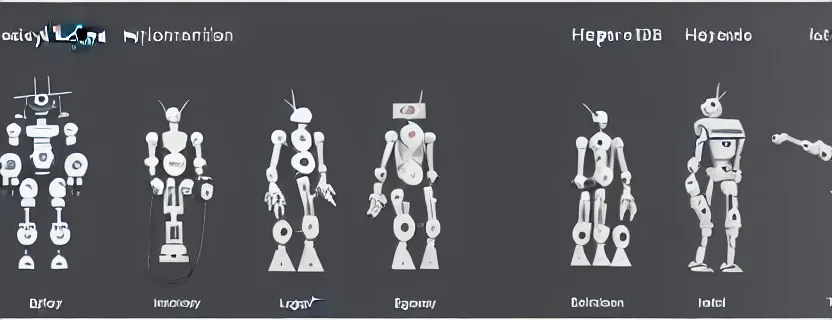 Prompt: an evolution diagram from left to right of robots, 8 k, hyper realistic. the left side robots are shorter, led lights, dancing