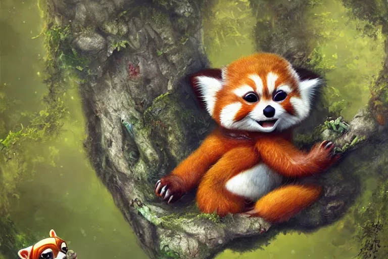 Prompt: an extremely cute red panda baby-yoda sit on a lichen covered ancient bolder and play sing songs, mischievous, inquisitive, devious, hilarious, funny, by Tyler Edlin