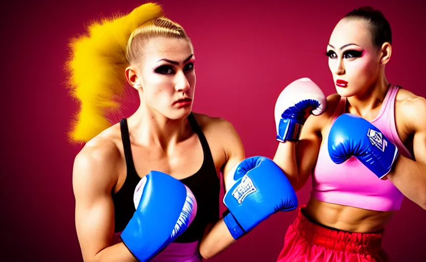 Image similar to girl boxing with drag queen, no blur, 4 k resolution, ultra detailed