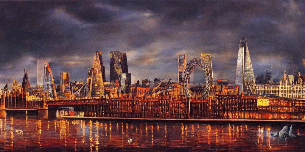Image similar to oil painting of the london skyline, highly detailed, dramatic lighting, intense shadows, rich deep colours, by salvador dali