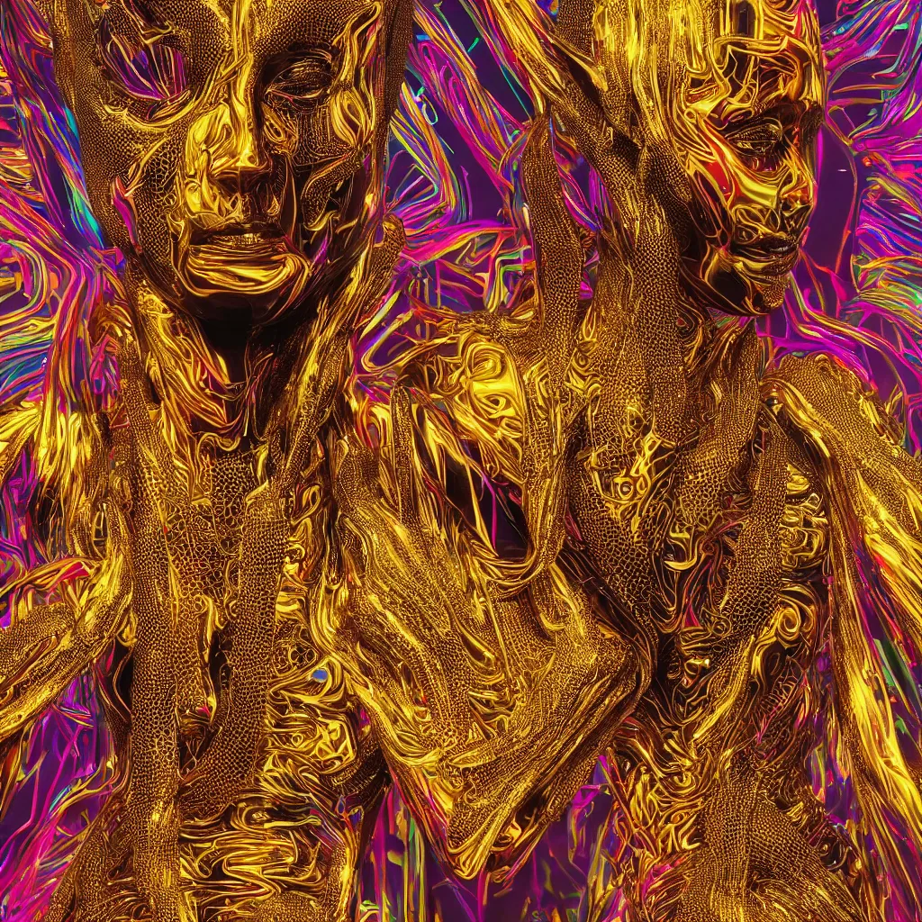 Image similar to hyperdetailed masterpiece portrait of a glossy golden metallic statue of a woman covered in colorful glowing digital circuits and hexagons, symmetrical, in the style of virgil abloh, offwhite, heron prestorn, denoise, vogue, paris, fashion, louvre museum, highly detailed, realistic, hyperreal, 8 k, 4 k, render