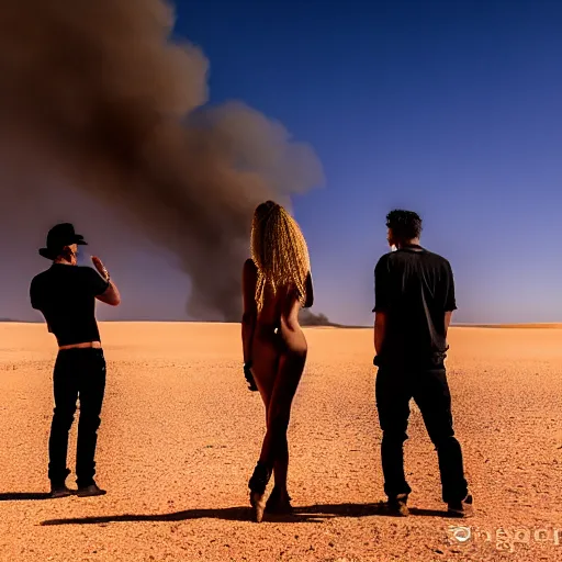 Image similar to atmospheric photograph of three fully clothed ravers, two men, one woman, seen from behind, talking around a fire, dancefloor kismet, diverse costumes, clean composition, desert transition area, bonfire, night, australian desert, xf iq 4, symmetry, sony a 7 r, 1 5 0 mp, 5 0 mm