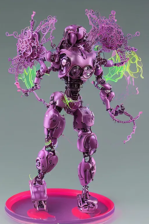 Image similar to a super huge bubbly super detailed anime figurine with fluo color detail, and muted arm colors, that looks like a intricate delicate robot, decorated by plastic synthetic ionized metal flower sculptures