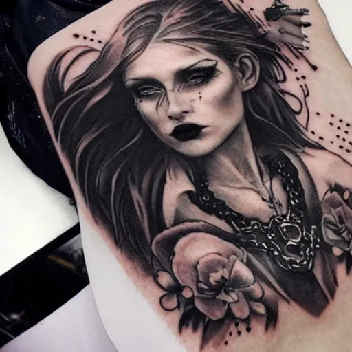 Prompt: female tattoo artist in gothic tattoo studio, greg rutkowski