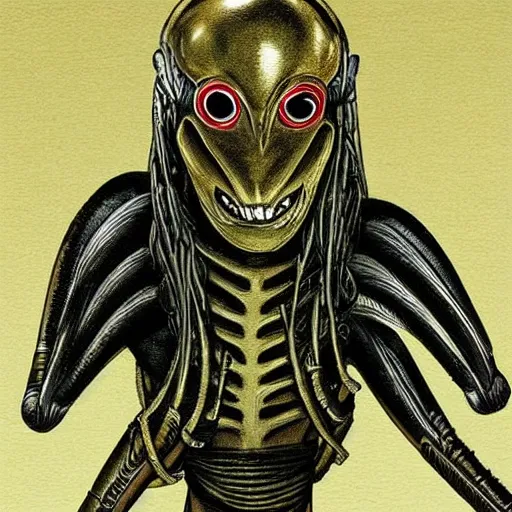 Image similar to the alien from the predator movie in the edo period. realistic.