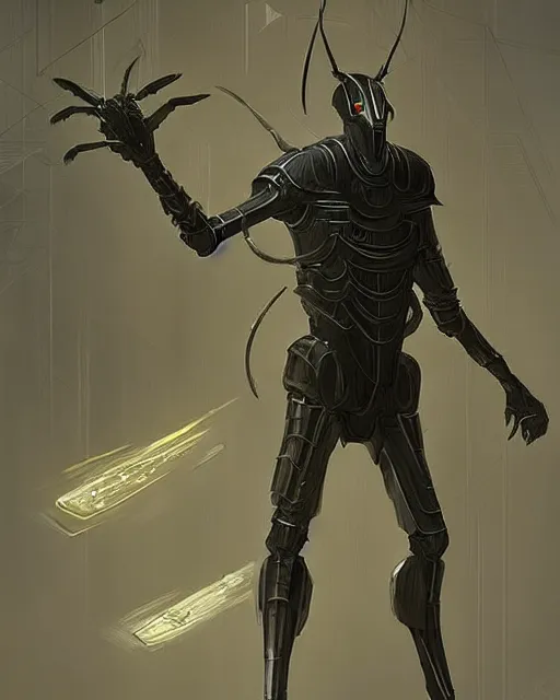 Image similar to concept art for a tall bug futursitc knight, designed to appear like an insect, sleek design, futursitic design, detailed digital illustration by greg rutkowski, android netrunner