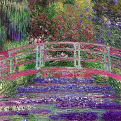 Image similar to a gorgeous garden on the edge of a cliff filled with beautiful flowers of blue and violet and pink from all around the world, monet