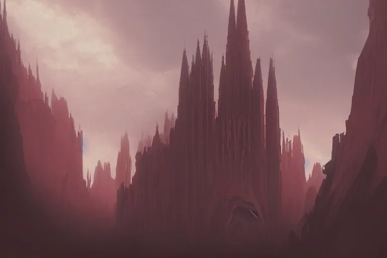 Image similar to dramatic render of a cathedral, gothic architecture, carved of red rock, tall spires, top of a canyon, vultures, concept art by studio ghibli and eddie mendoza, atmospheric, moody, dark, cinematic, volumetric lighting, 8K