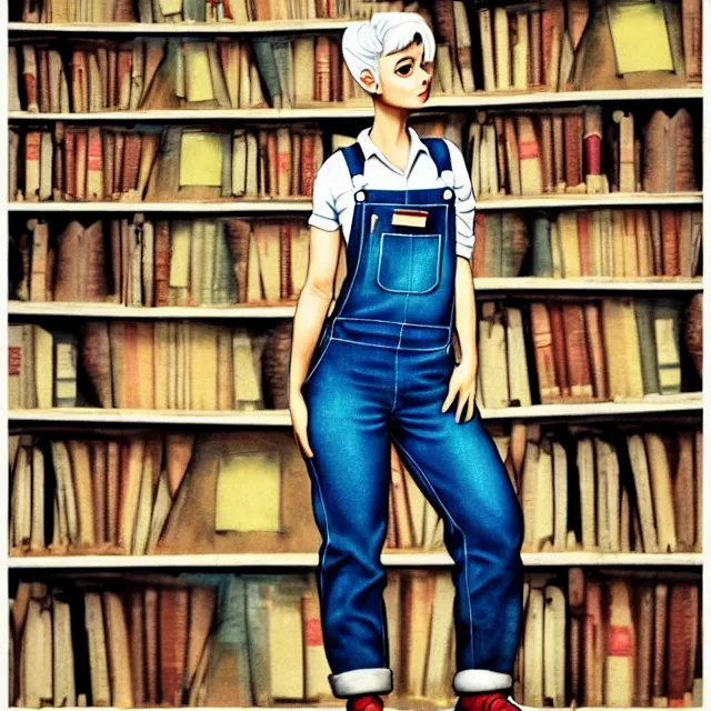 Prompt: full body pose, beautiful adult library fairy, short white hair shaved sides, pixar, dirty, grungy, grunge, overalls, stacks of giant books, highly detailed, 4 k, hdr, smooth, sharp focus, high resolution, award - winning photo, artgerm, photorealistic